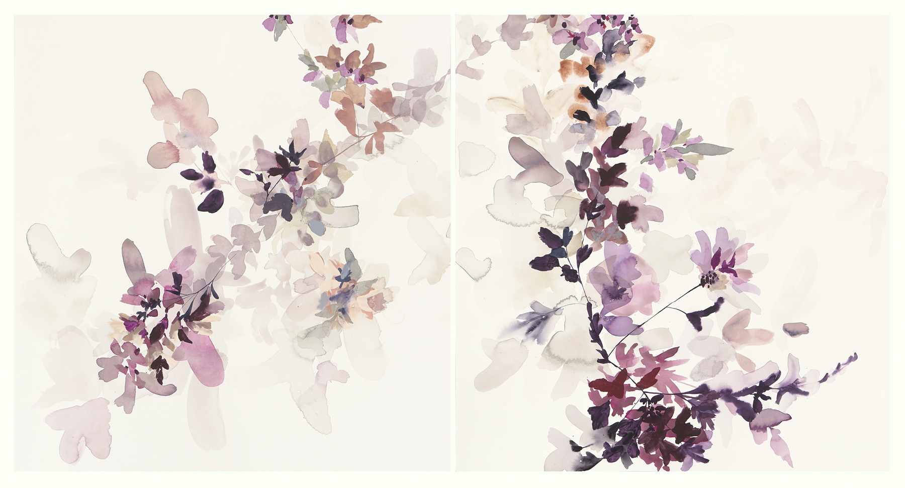 Wildflower Study - lilac and smoke - 1, 2018, mixed media on paper, 23 x 44 (23 x 22 each)"