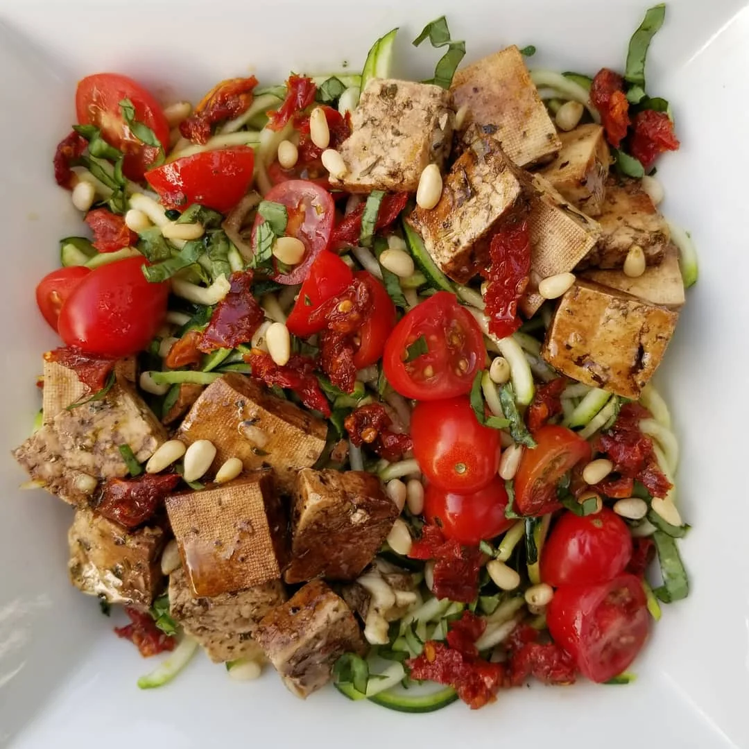 Tofu, Zucchini, Tomato Salad - all foods that don't effect blood sugar. It's important to include foods that are filling yet don't effect blood sugar. You'll want to eat this salad. Promise.