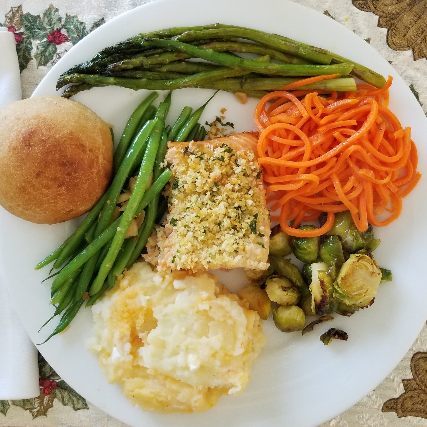 Salmon, Roasted Asparagus, Carrots, Green Beans, Cottage Potatoes, Brussels, & Homemade Bread - maybe not typical with all those non-starchy veggies, but definitely healthy and balanced.