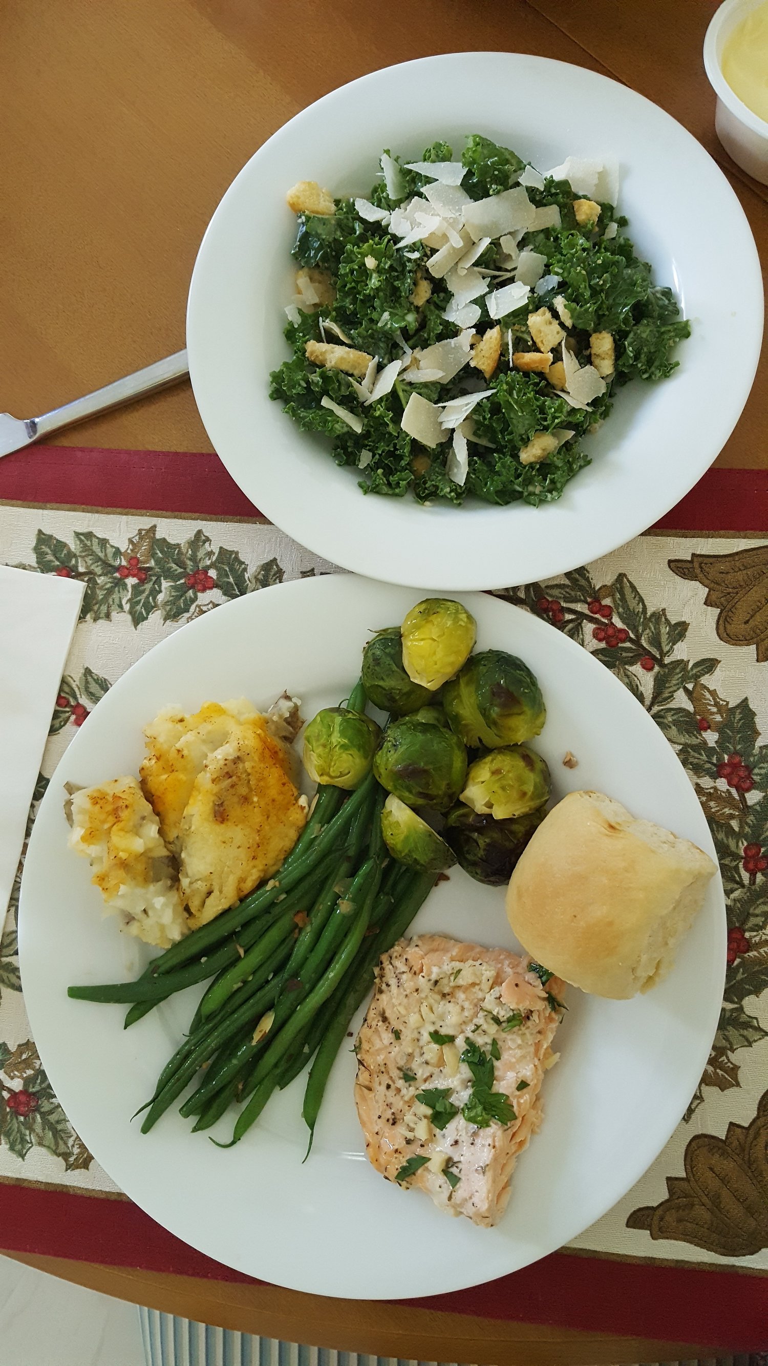All the non-starchy veggies: kale, green beans, Brussels. And that made way for room for the carbs: roll, potato, and dessert (not pictured).