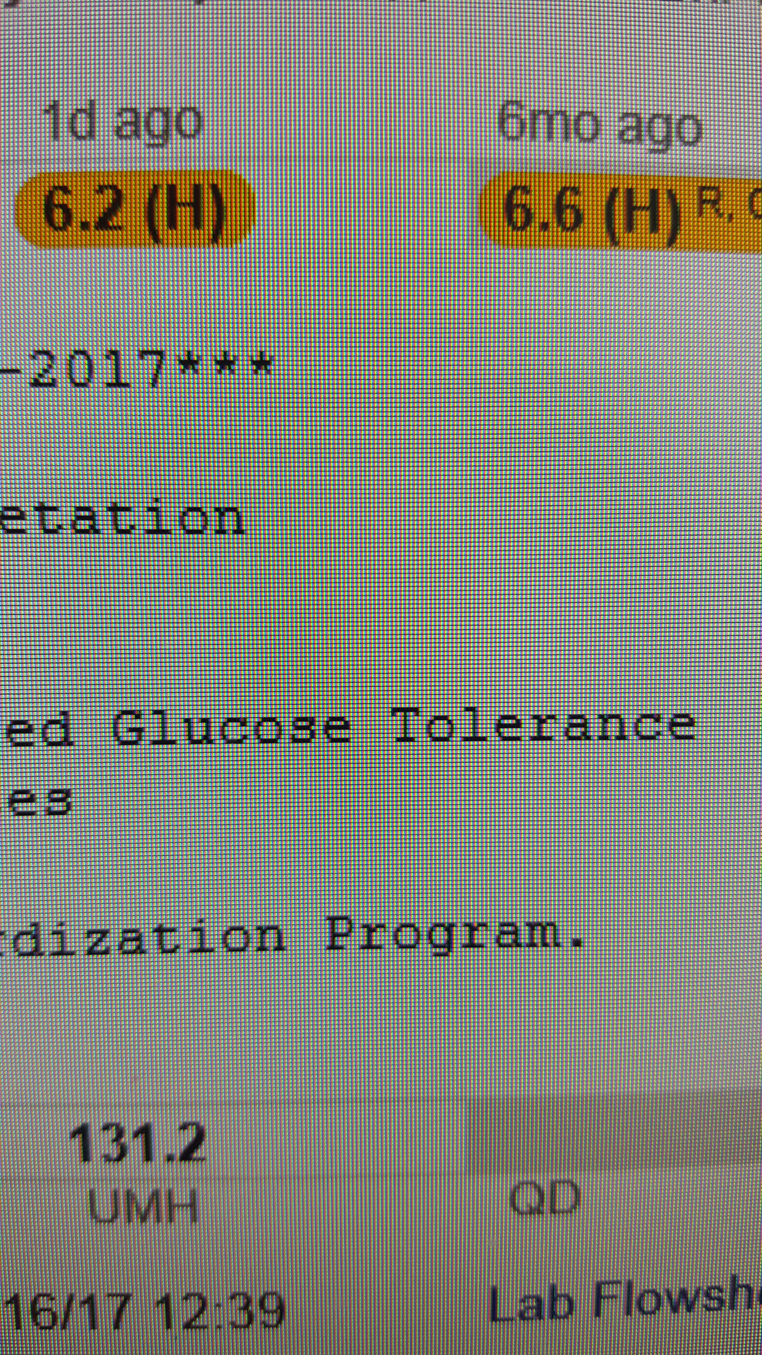 A1c - the average blood sugar over 3 months - here shows a diagnosis of diabetes with a 6.6%. After diet and exercise intervention, the patient's A1c decreased to 6.2%, a level showing control and now prediabetes.