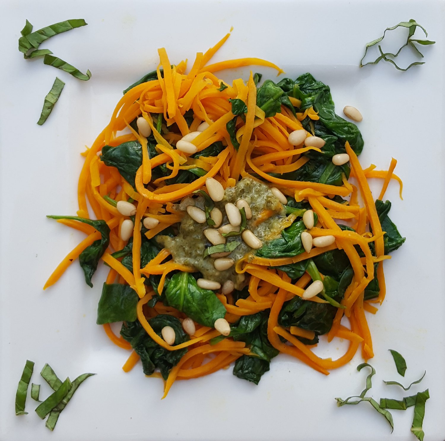 Sweet Potatoes with Spinach, Pesto, and Pine Nuts