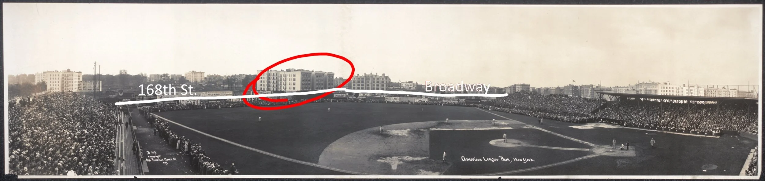 The panoramic picture of Hilltop Park showing the positions of Broadway and 168th Street, based on the position of 601-607 W 168th Street.