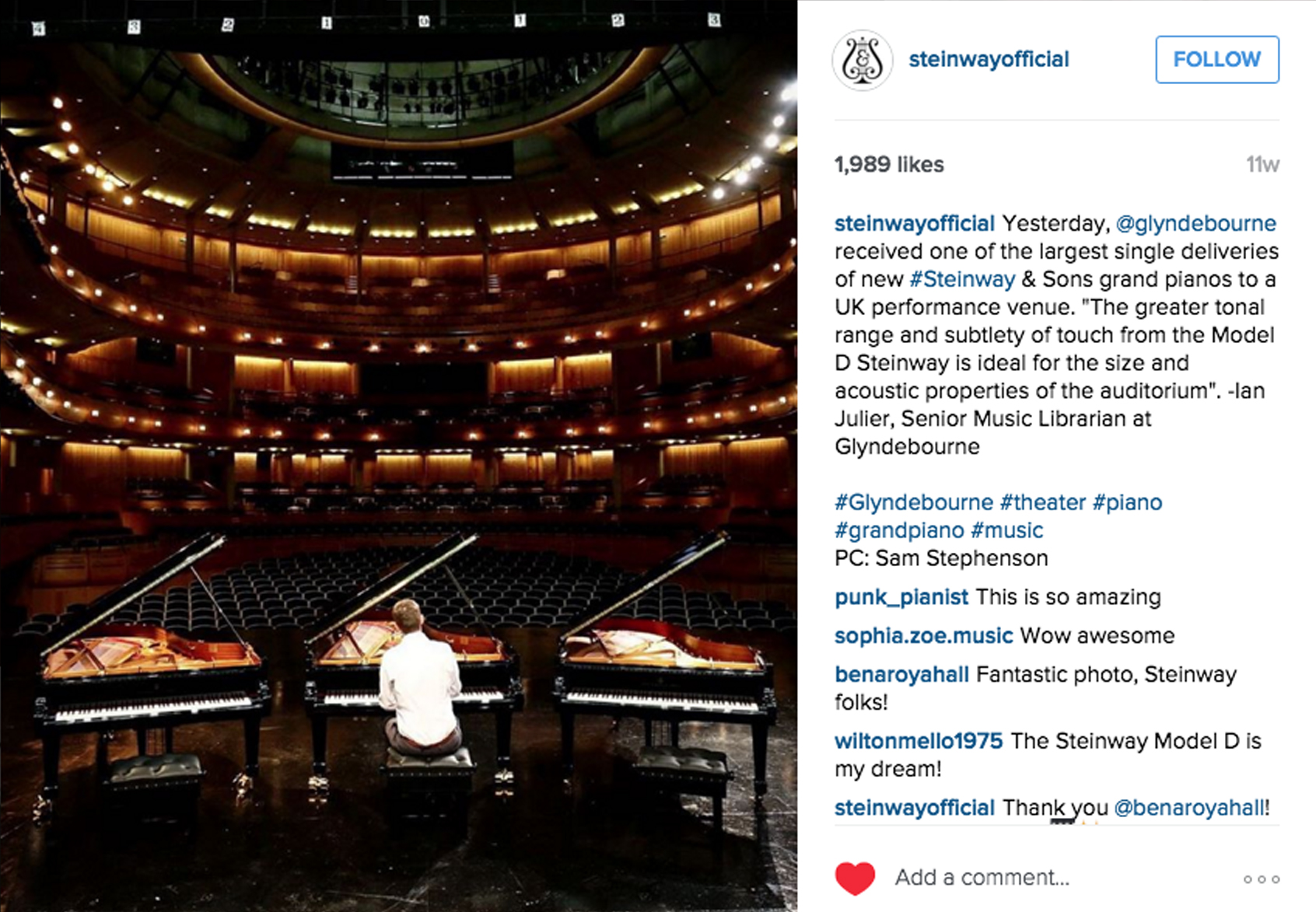 Steinway Instagram, 1,989 likes.