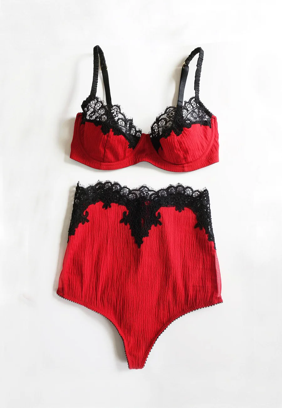 Hammered silk and lace appliqué bra and high waist briefs