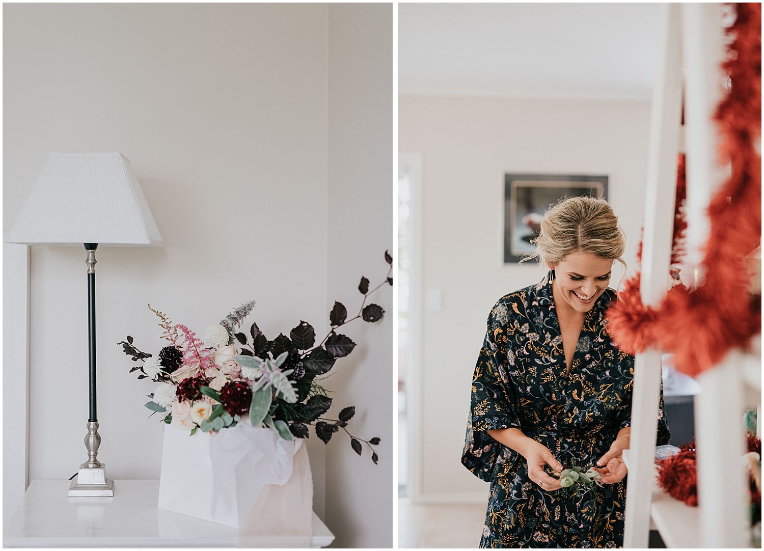 Bride and flowers on wedding day in Matakana