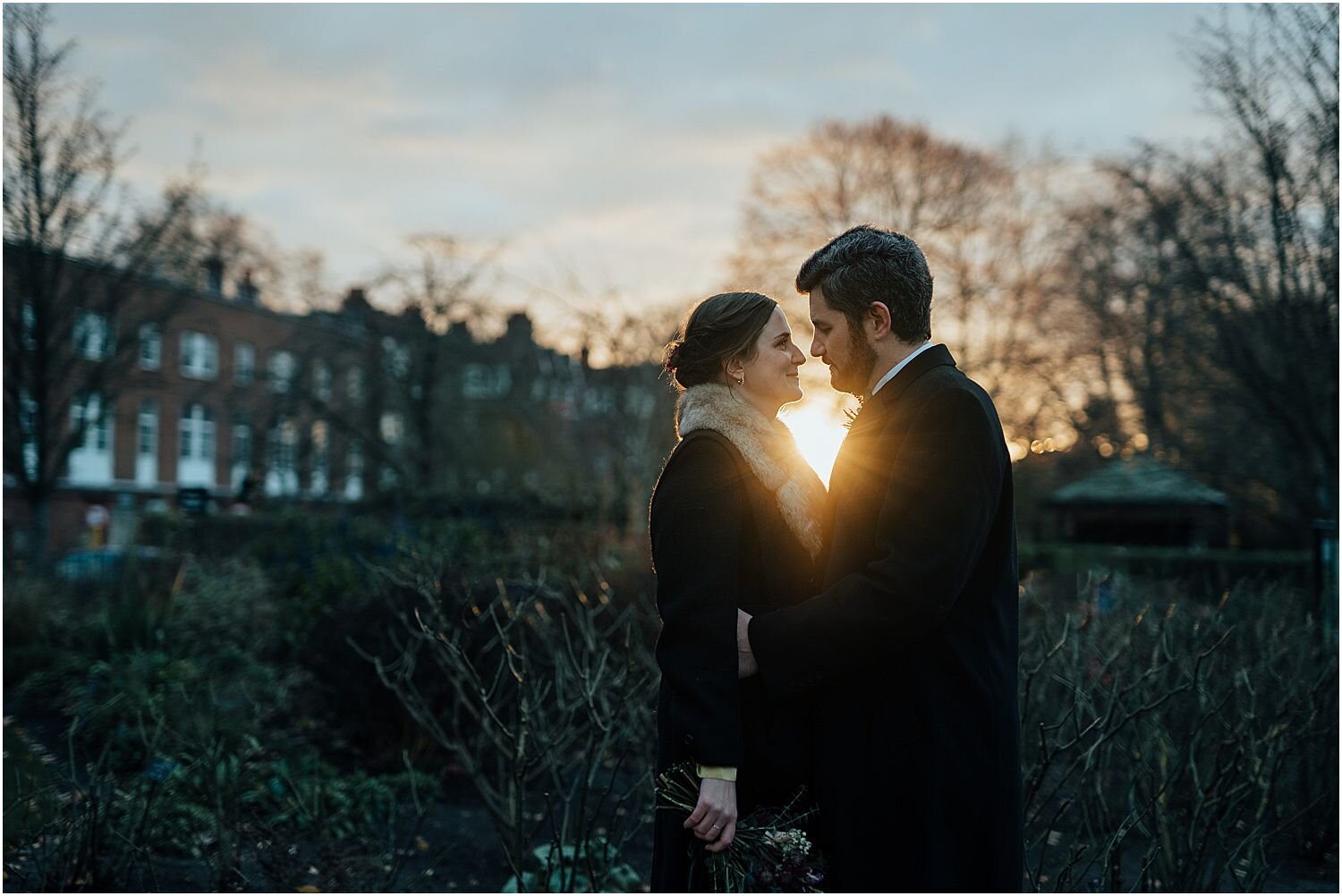 Sunset photo of bride and groom in London park