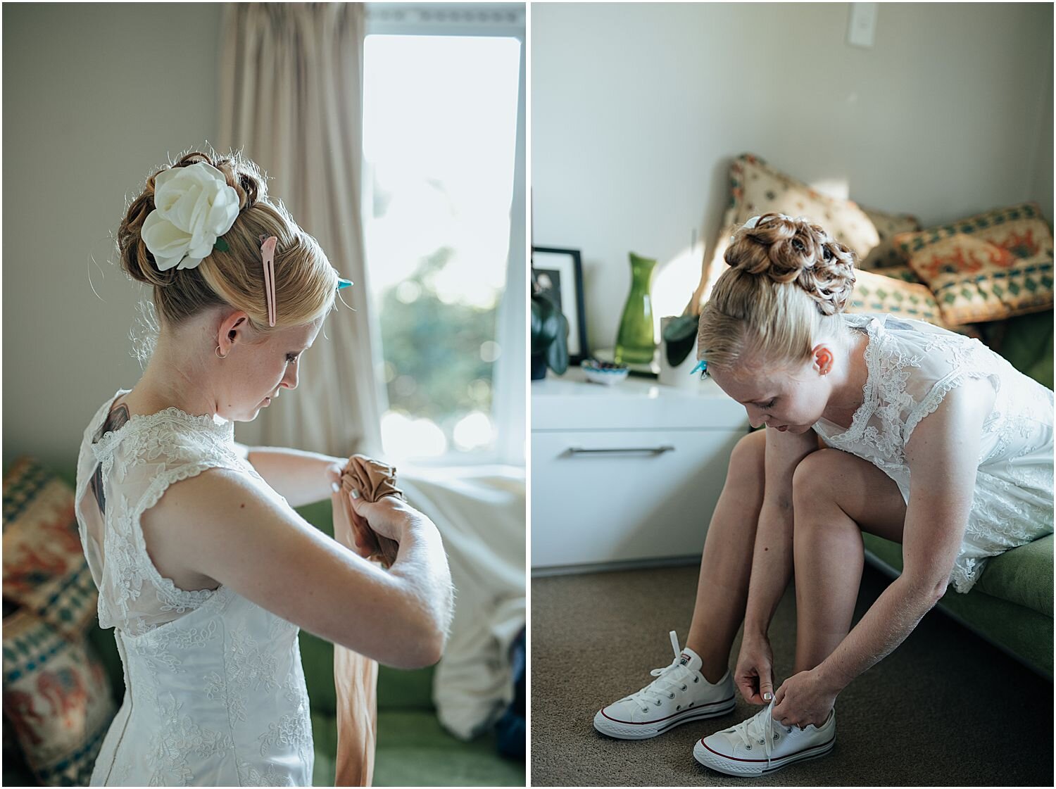 Bride getting dressed for her wedding