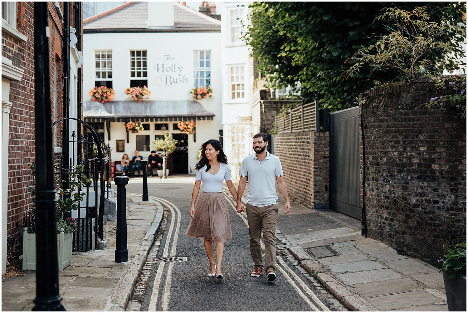 Engagement photos outside Holly Bush pub in Hampstead