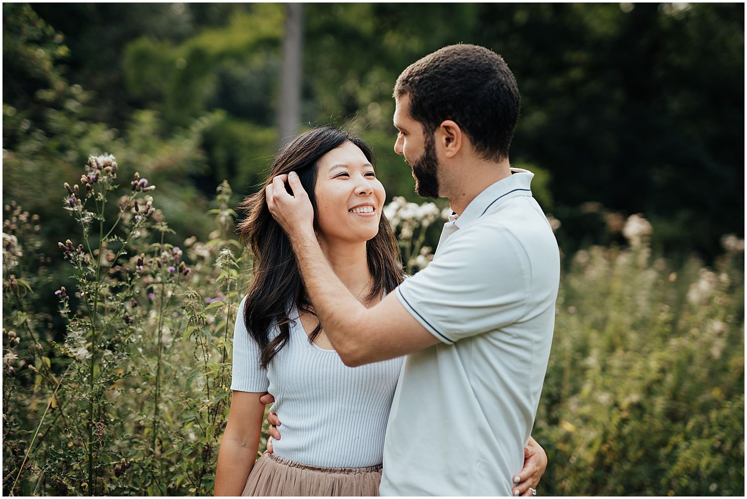 Romantic engagement session on a summer's evening in Hampstead Heath, London 
