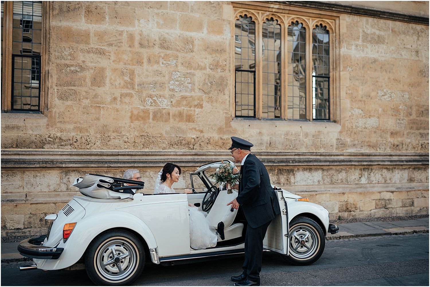 Bride arriving for wedding at Bodleian Library 