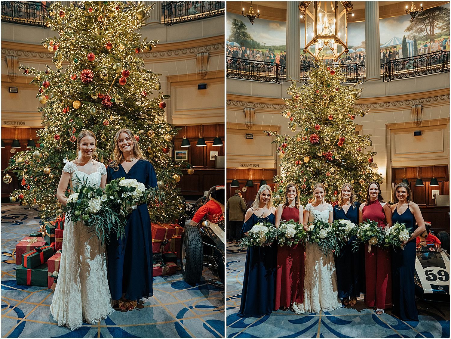 Bride and bridesmaids in front of RAC Christmas tree