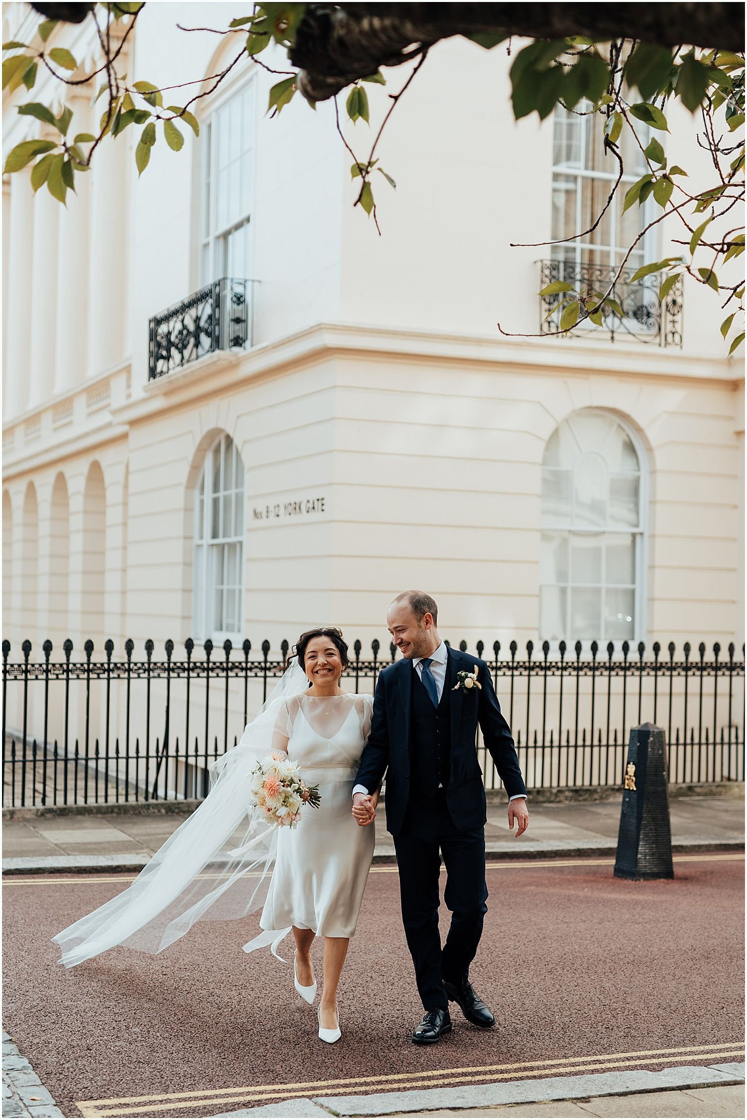 Wedding photo of bride and groom near Old Marylebone Town Hall