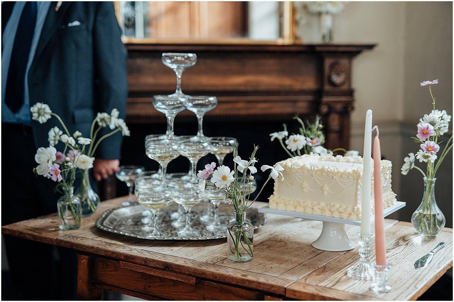 Champagne tower and wedding cake at the Lady Ottoline pub
