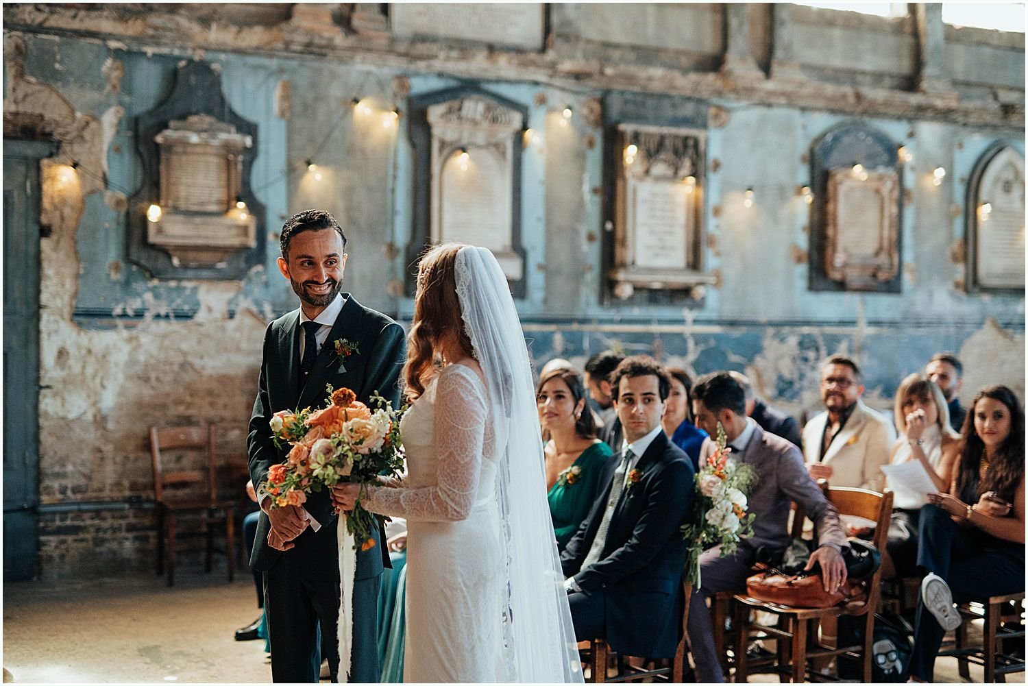 First look between bride and groom in Chapel