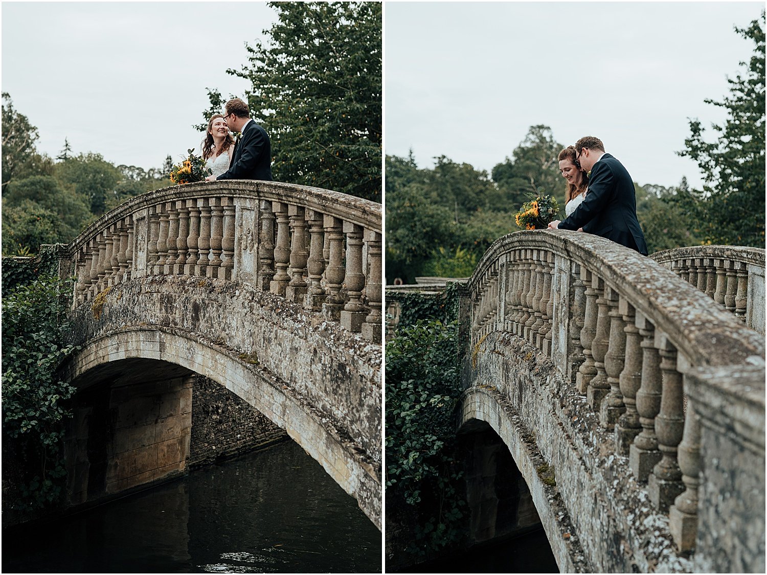 Bride and groom standing on bridge