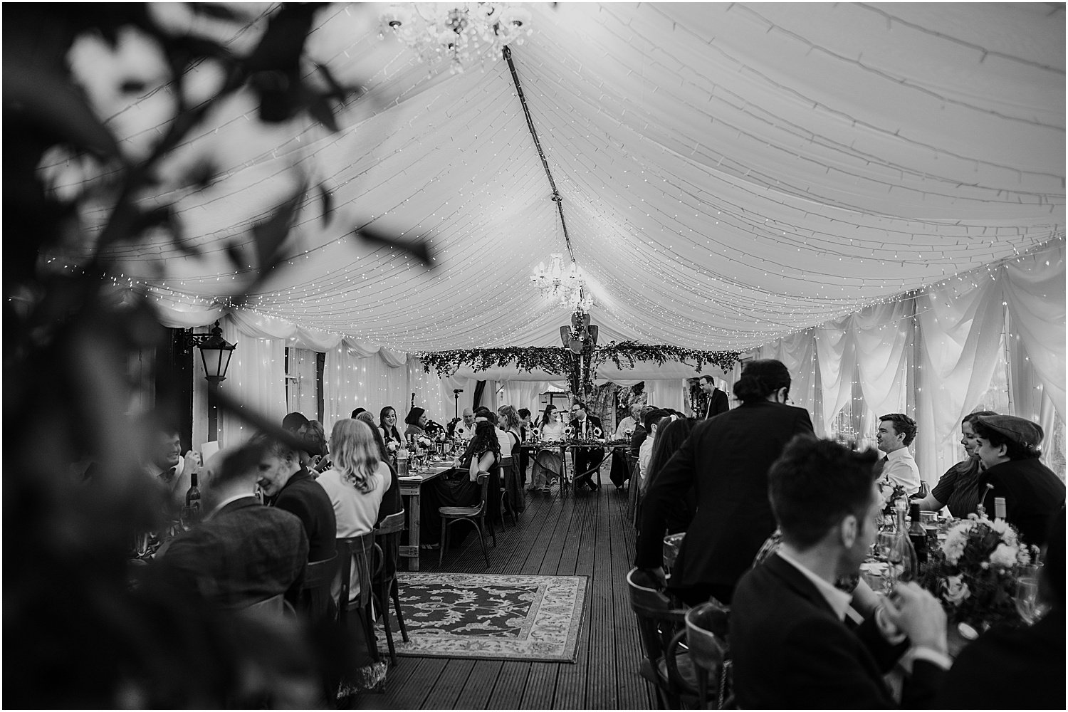 Black and white photo of wedding reception