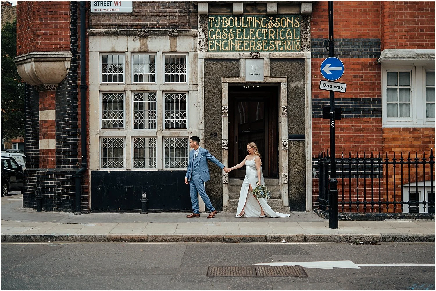 Newlyweds walking on London street