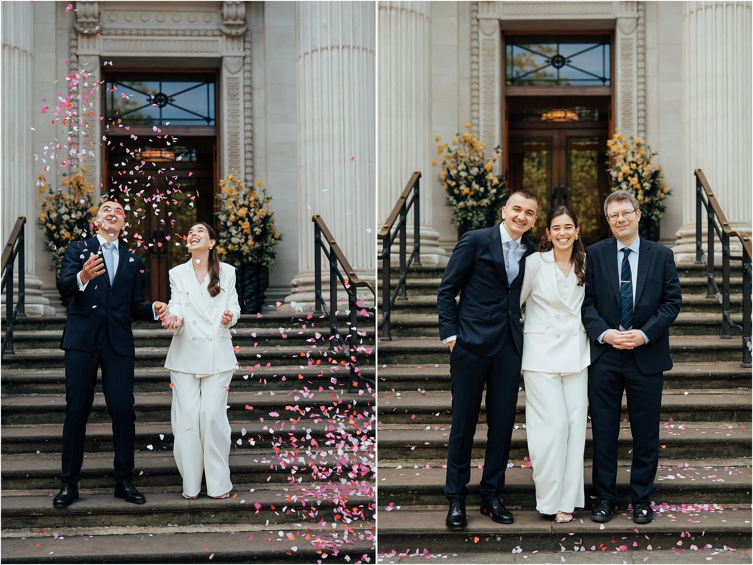 Confetti and group photo with wedding guest