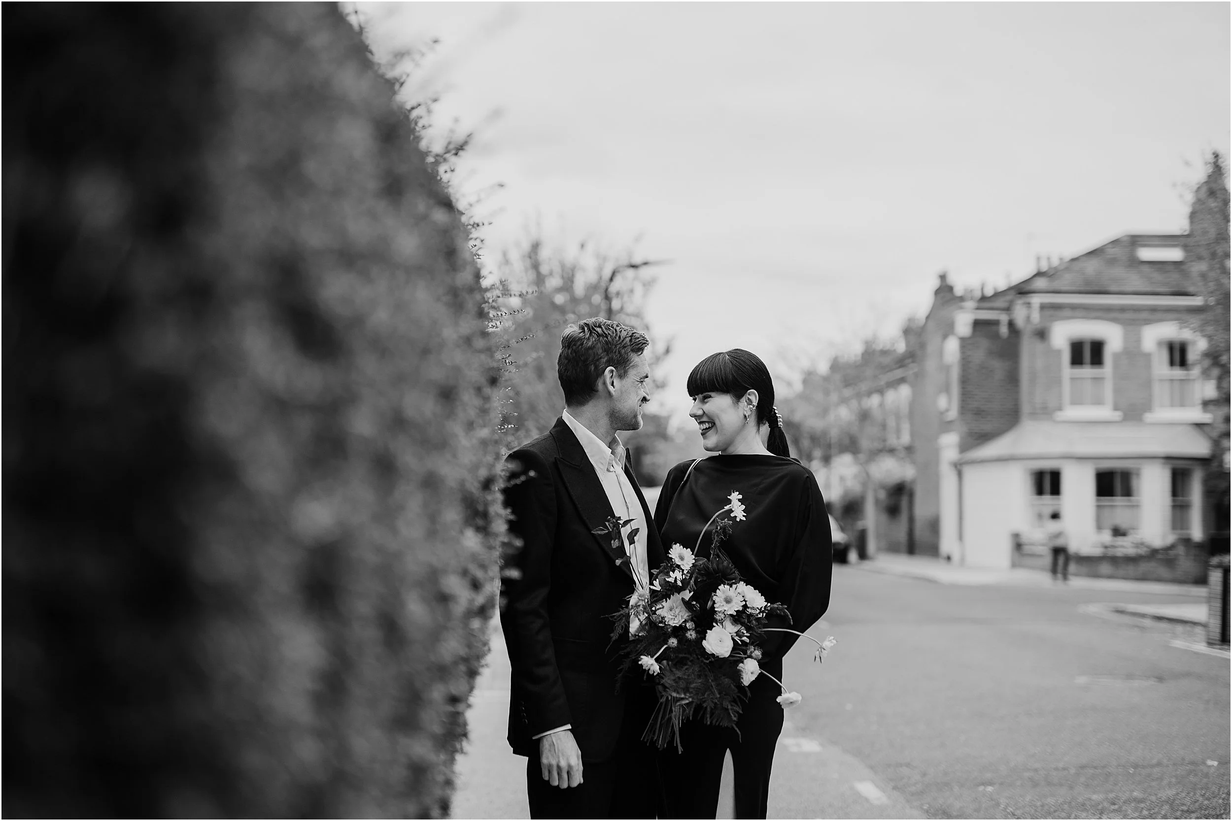 Black and white photo of bride and groom in Stoke Newington