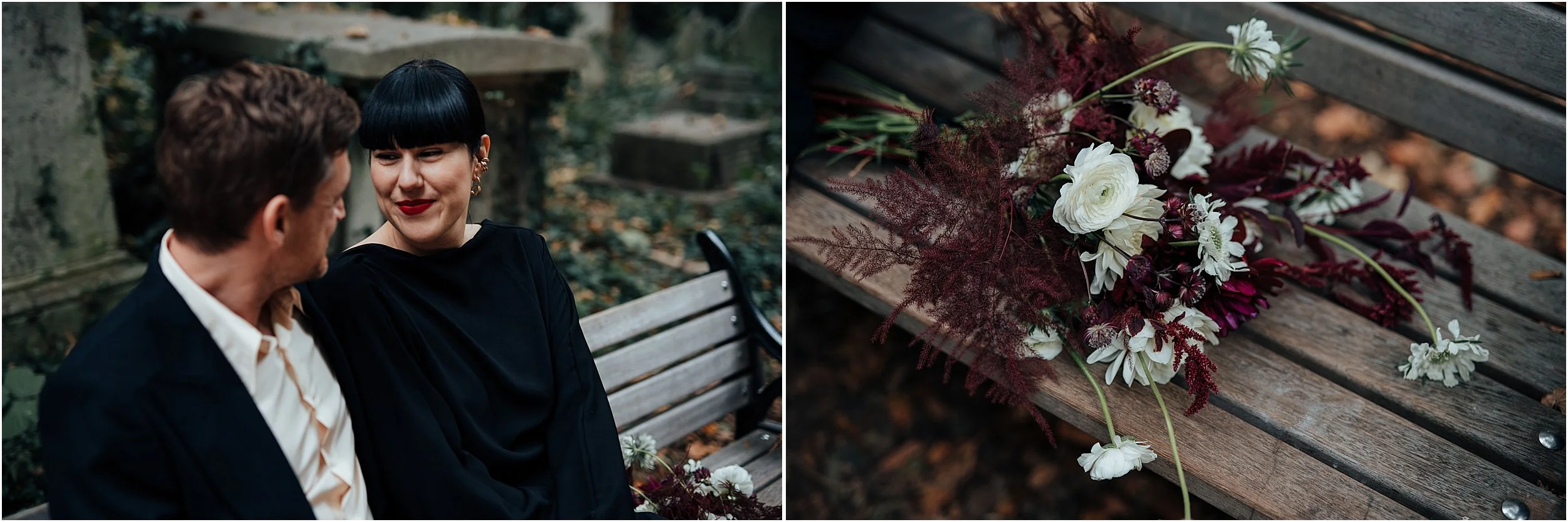 Bride and groom sitting on park bench and close up of wedding flowers