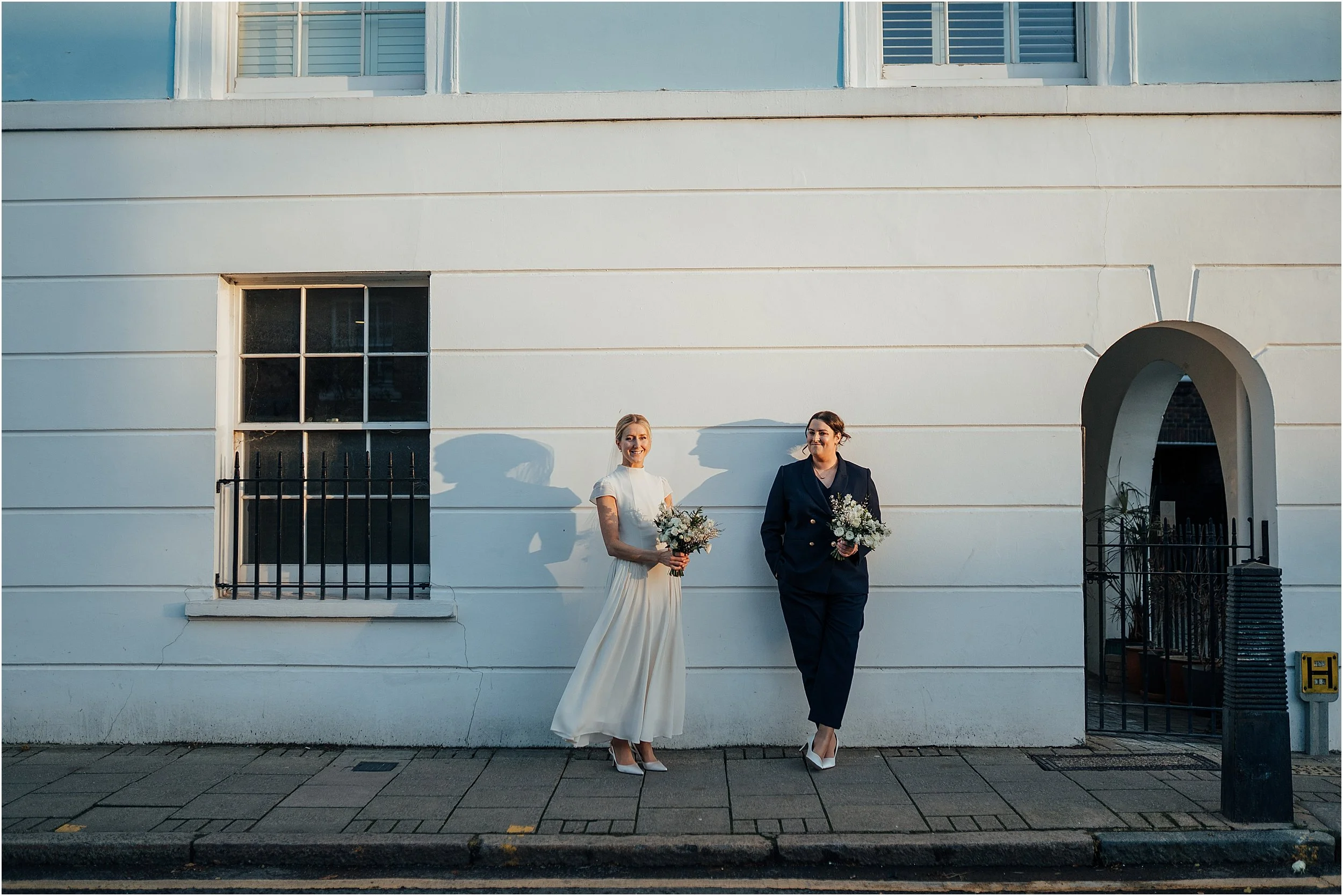 Brides enjoying evening sunlight in winter