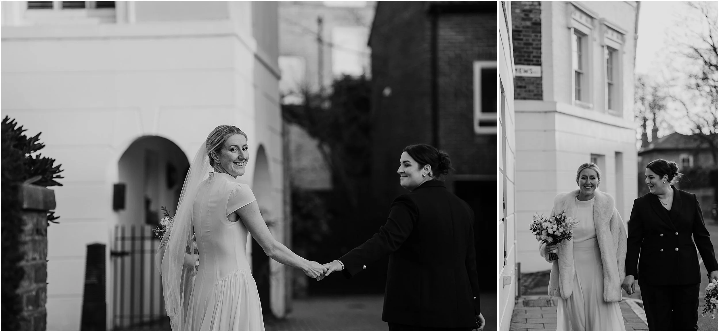 Black and white photo of lesbian couple on their wedding day in Islington