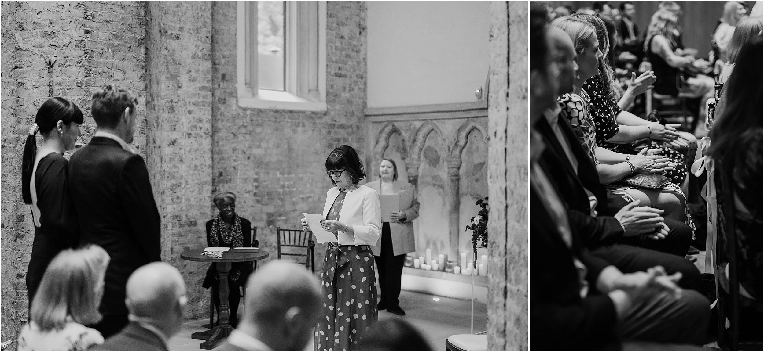 Bride and groom and wedding guests during ceremony