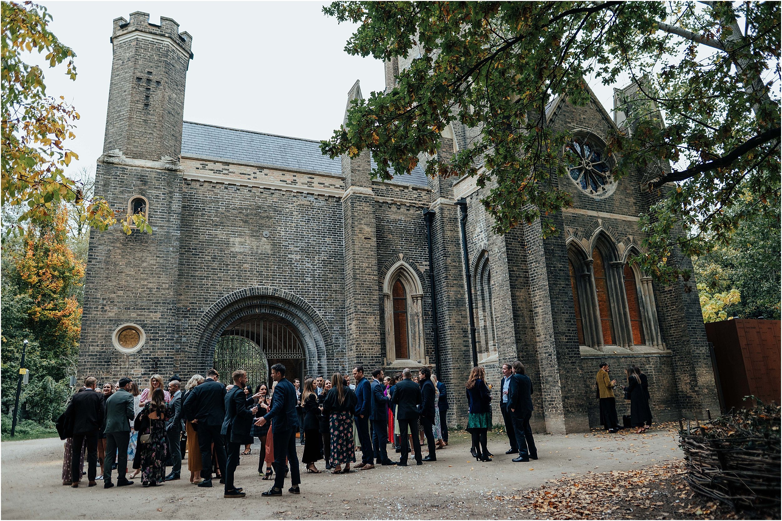 Guests mingling outside Abney Park chapel