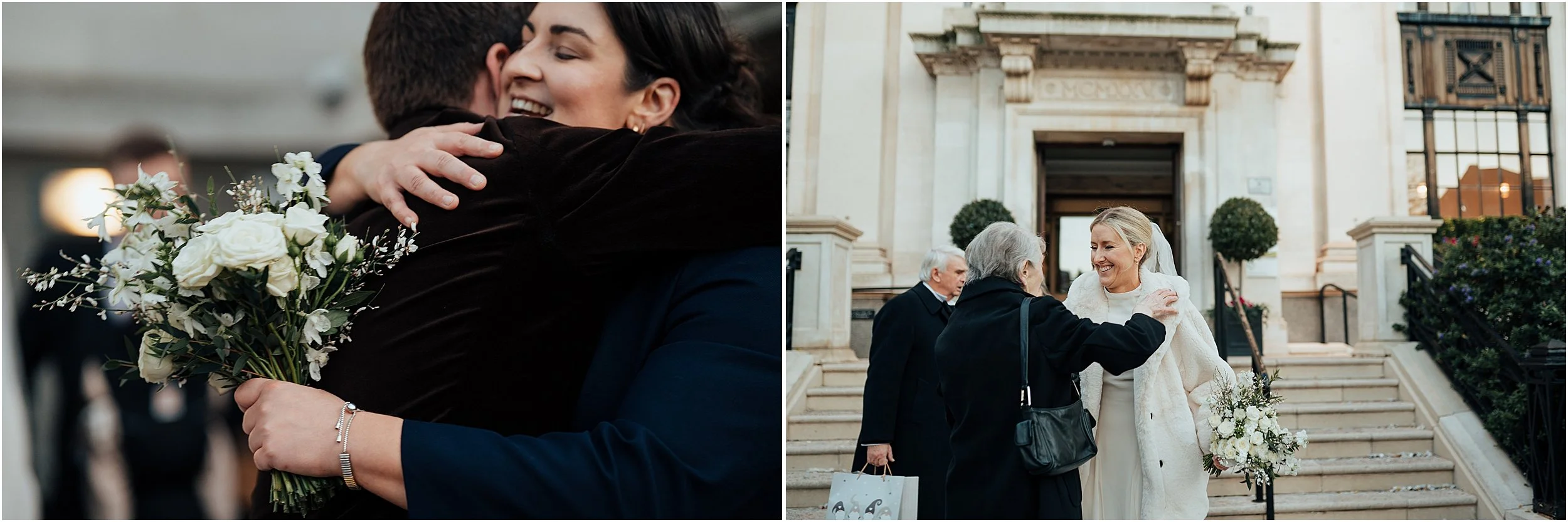 Wedding guests and brides hugging