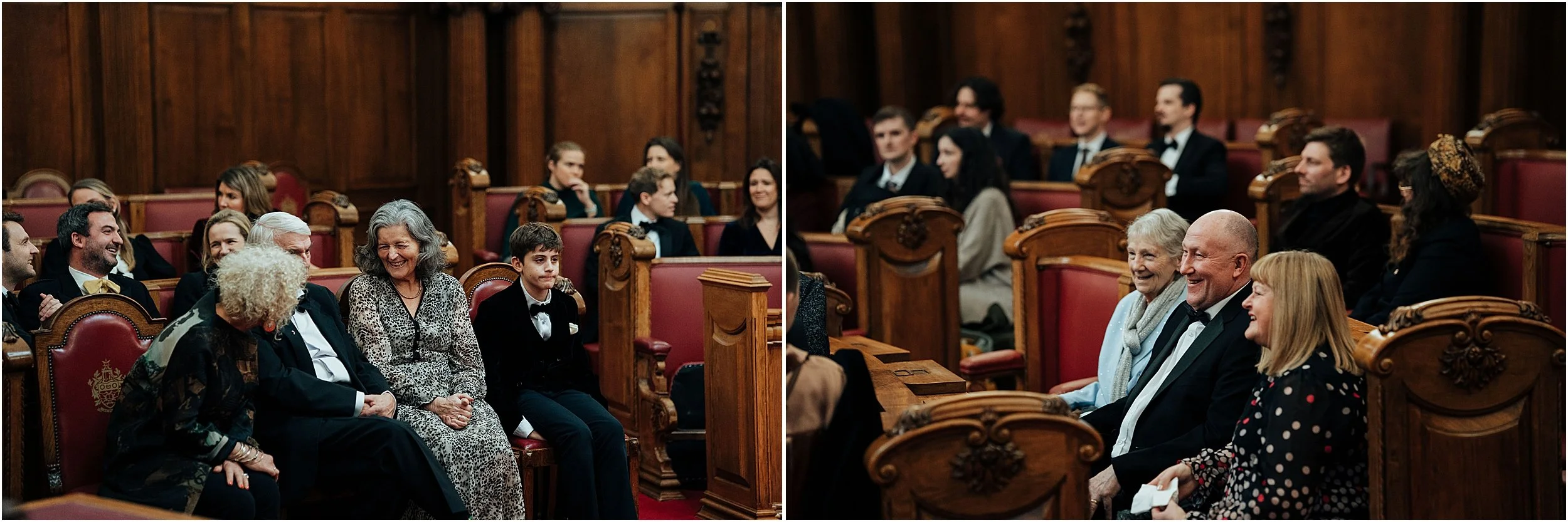 Wedding guests chatting in council chamber