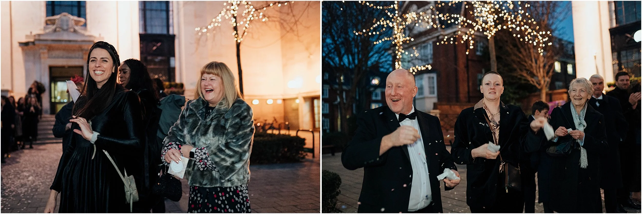 Wedding guests outside Islington Town Hall at Christmas time