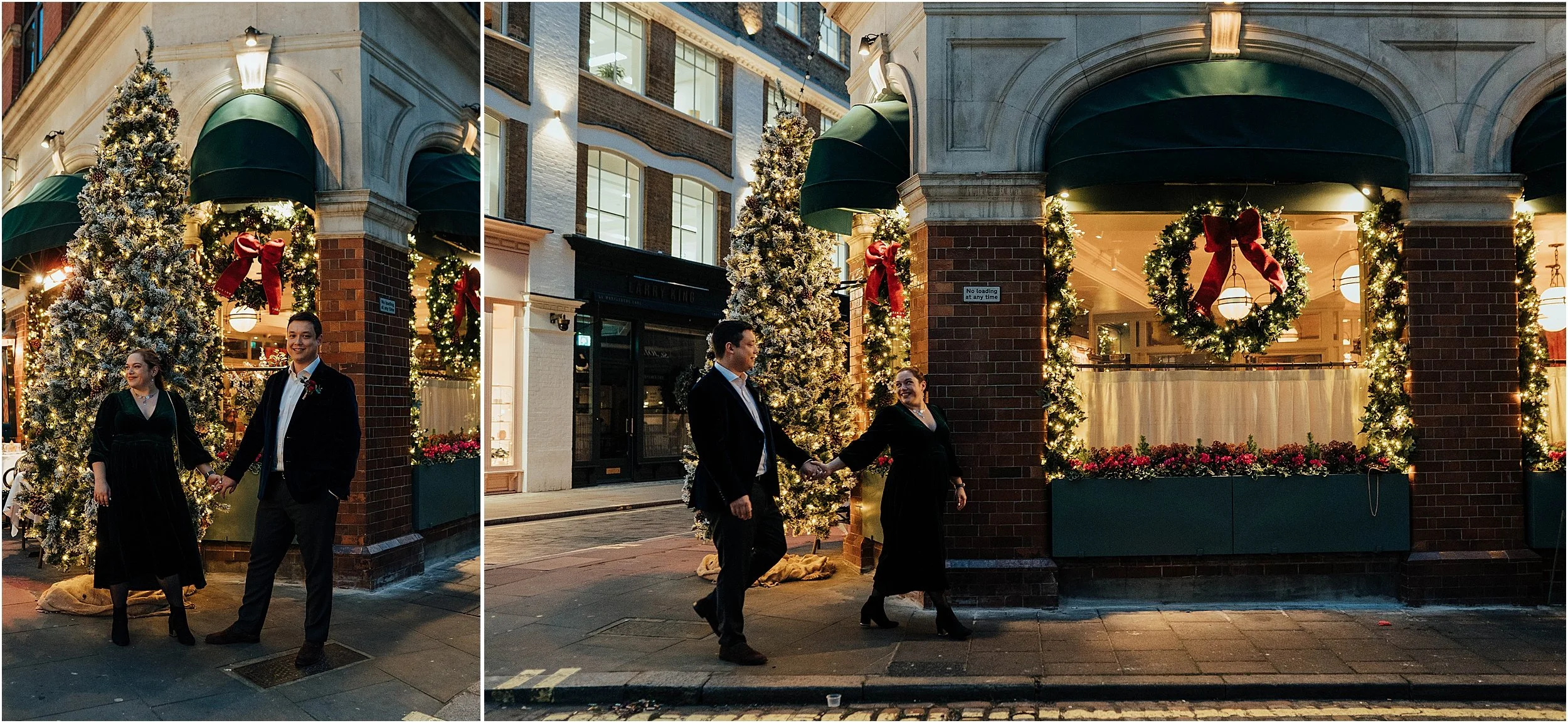 Newlywed couple walking on London street with Christmas tree and lights