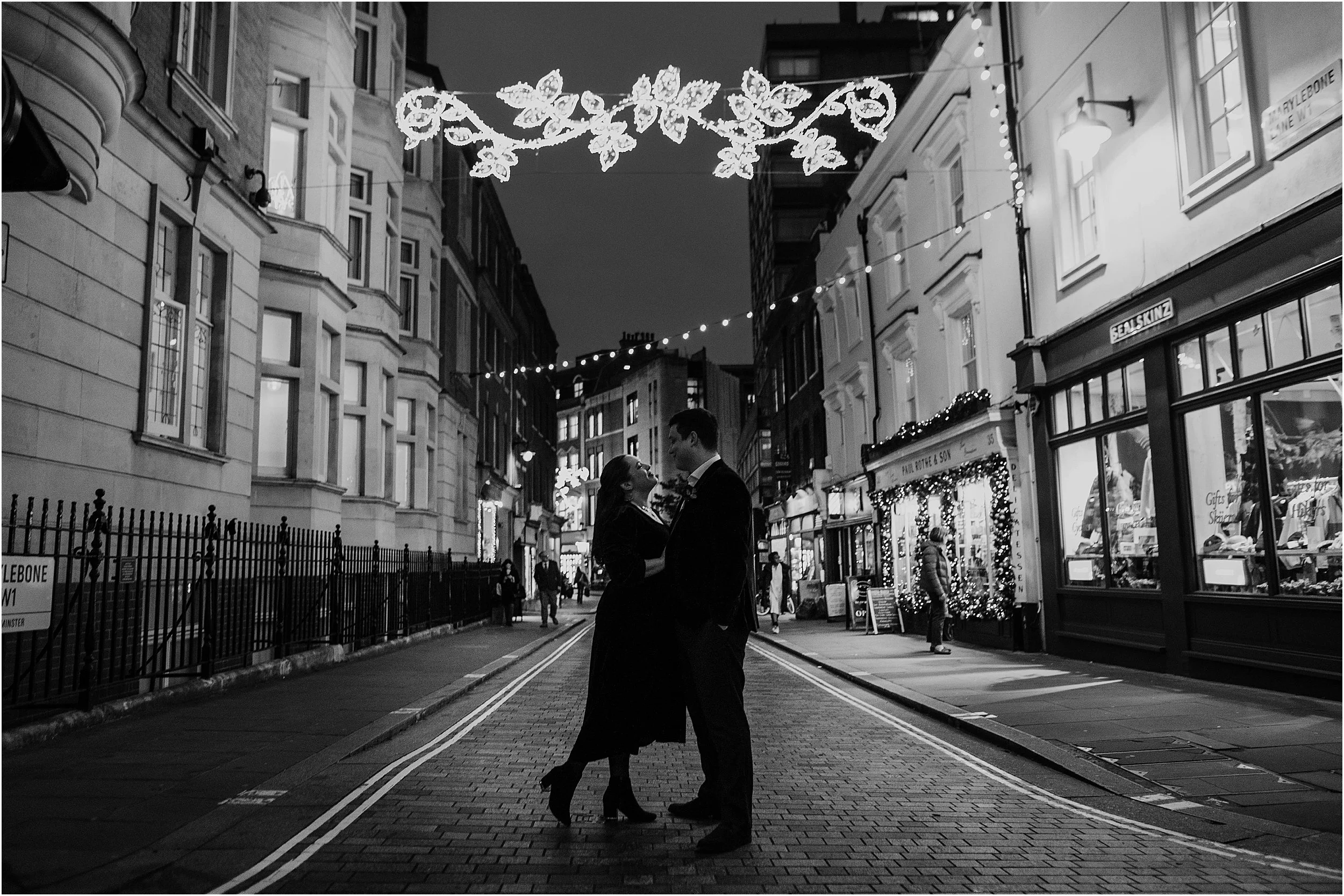 Black and white Bride and Groom portrait on Marylebone High Street in Winter
