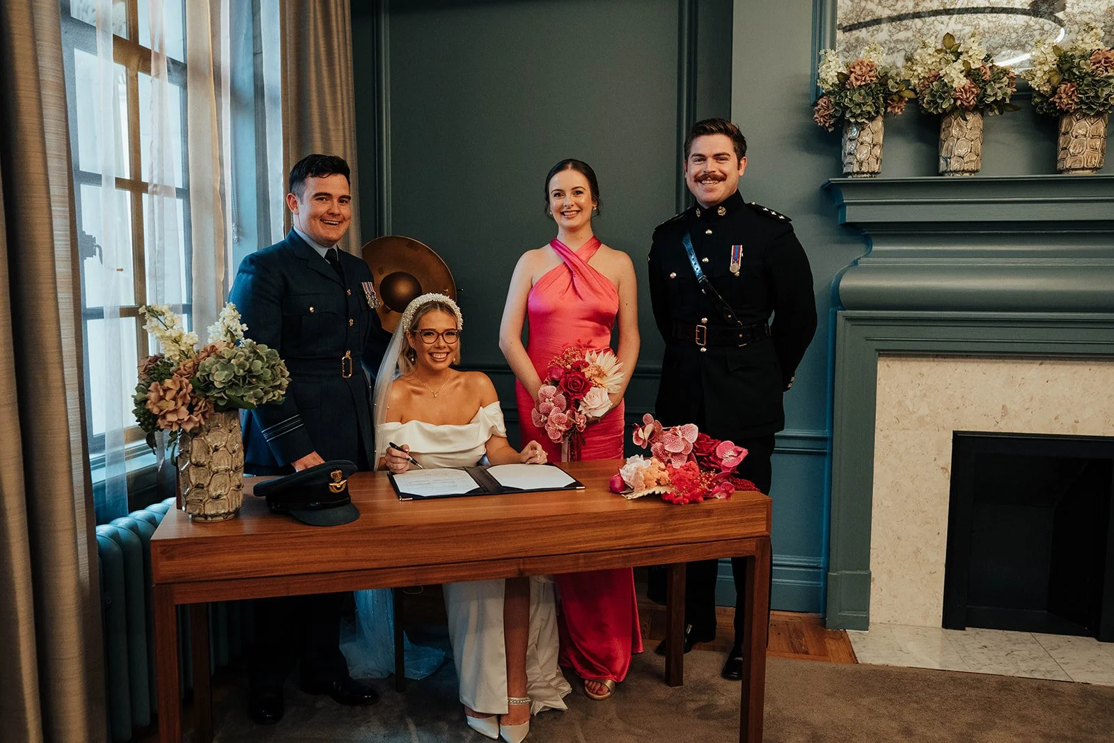 Bride and groom with their witnesses in Knightsbridge Room