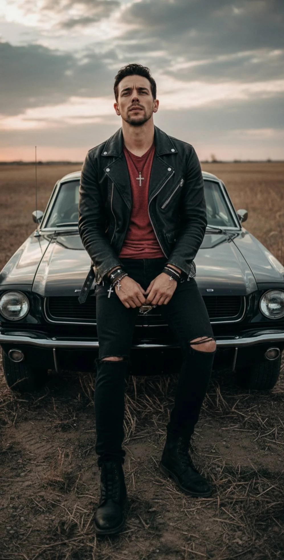 Sean Guerrero seated on a classic car in a field