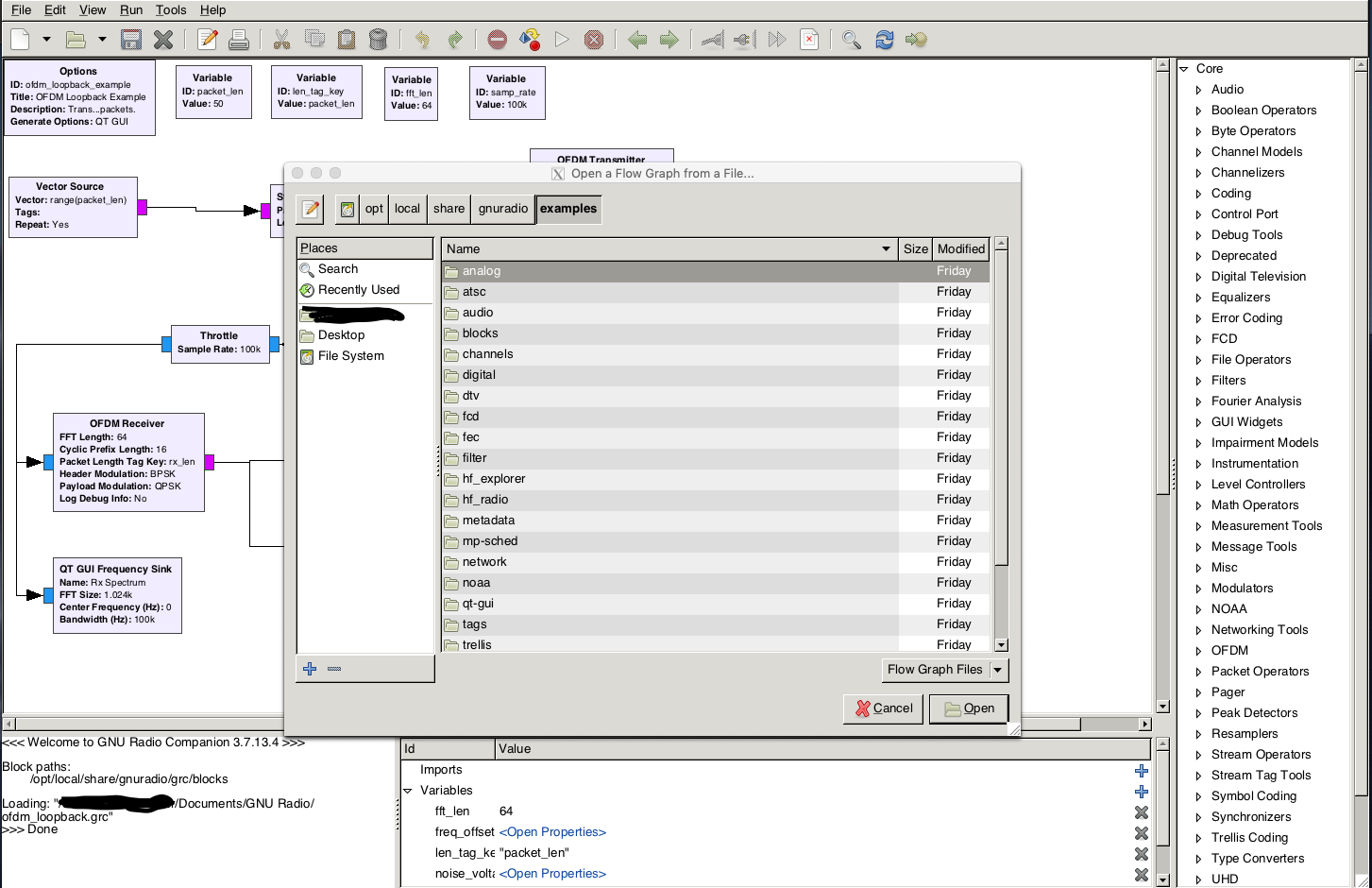 Open one of the many examples GNU Radio provides to get started! I personally like the OFDM loopback test because I feel like it gave me the most upfront as far as how the whole flow of GNU Radio works.