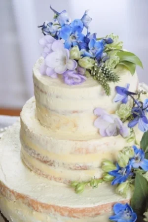 Lemon Sponge Cake, Tart Lemon Curd Filling, Lemon French Buttercream Frost Veiled Cake reveals elemental construction through a mask of frosting and spring flowers.