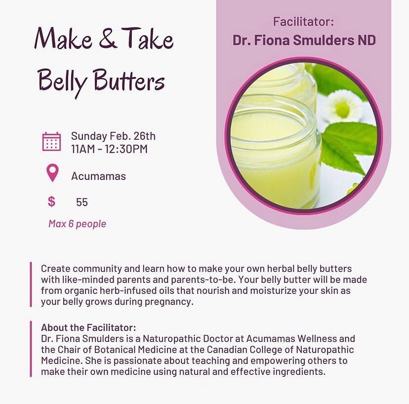 I&rsquo;m so excited to be offering this fun and collaborative workshop! Belly butters are a natural and nourishing way to take care of your skin as your belly grows during pregnancy 🤰🏻 

During this workshop, you will:

&gt; take home your own org