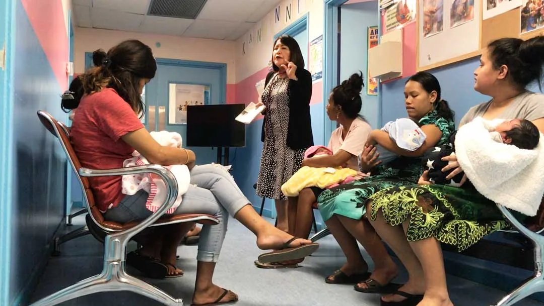 Dr Gancia leads a breastfeeding workshop for new mothers at the Hospital in Majuro. The advice on nutrition is critical to support teenage mothers and families who increasingly turn to rice and imported processed foods for calories. Dr Gancia says t…