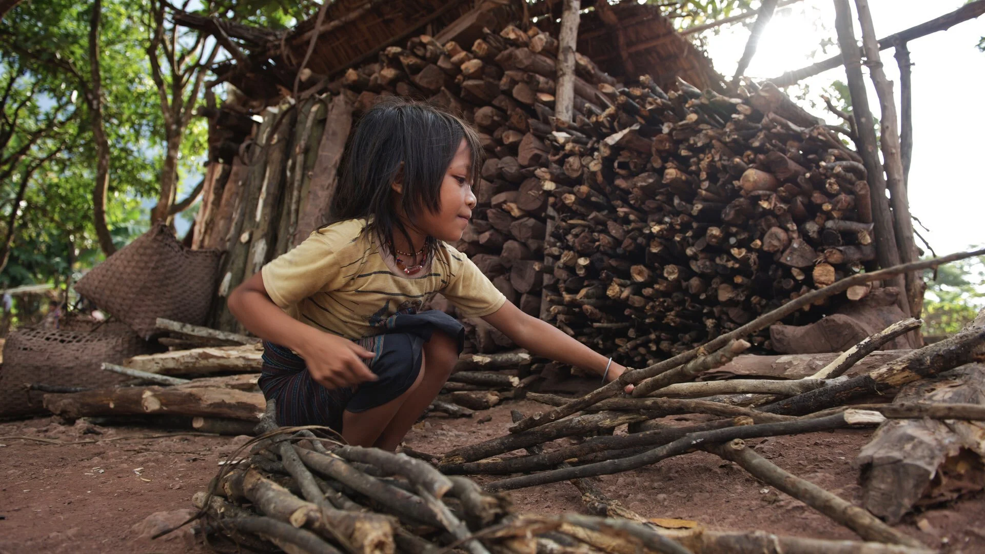 Laos PDR: Heian, 9, arranges firewood, which she collected in the woods, by a shed at her home, in Adone Village in Ta Oi District in Saravane Province. ©UNICEF
