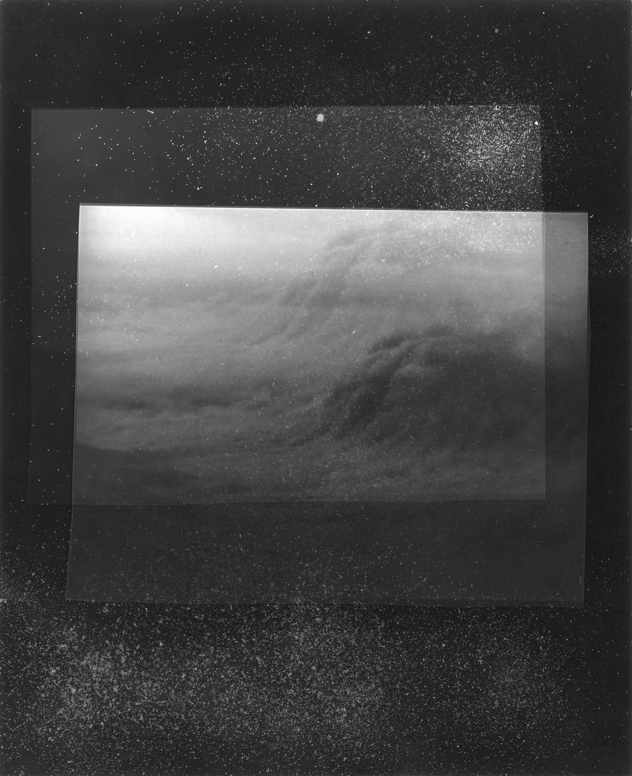   Owen’s Valley Dust Storm, 1970s , 2025 Silver gelatin contact print with dust collected outside of Owen’s Valley, CA ,14×18in. 