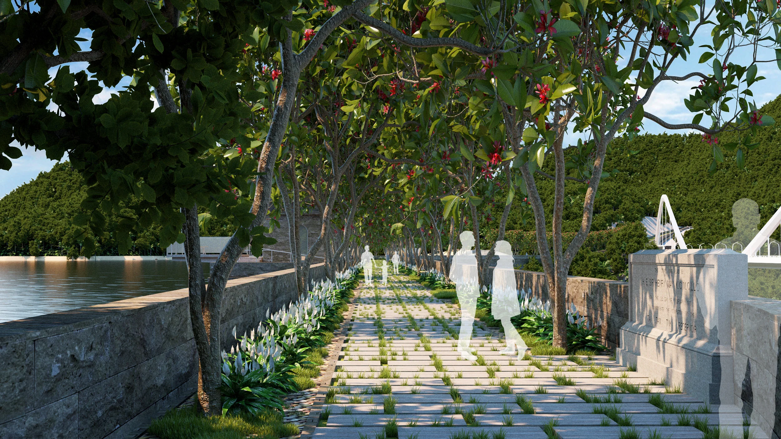 Proposed green pedestrian hiking trail link on the existing dam