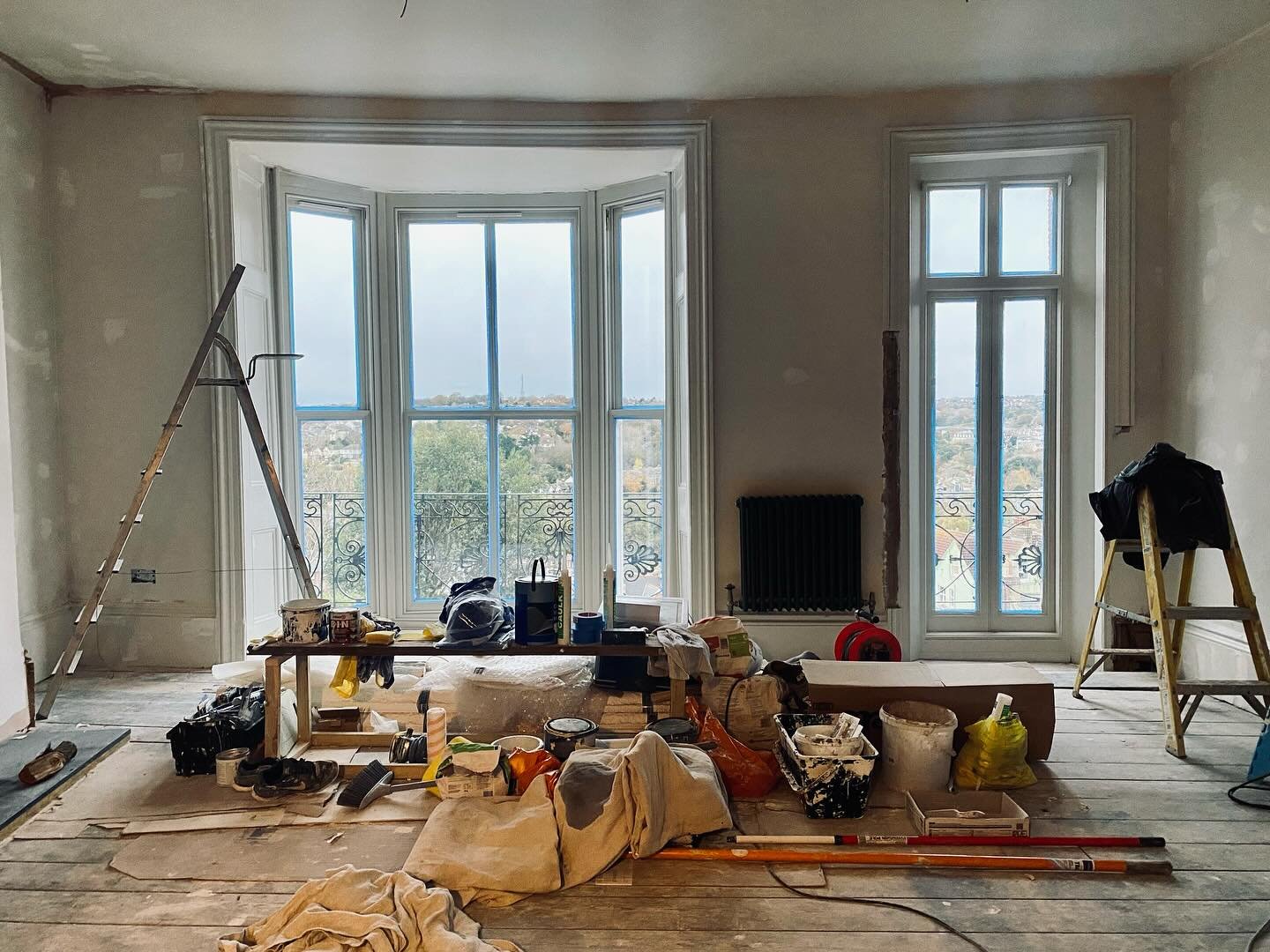 DECORATING &bull; So this &lsquo;still life&rsquo; is the current state of play in this light bright space with a killer view. 

The Georgian plain run cornice is being fitted early December as the original was too damaged to repair. 
We have run off