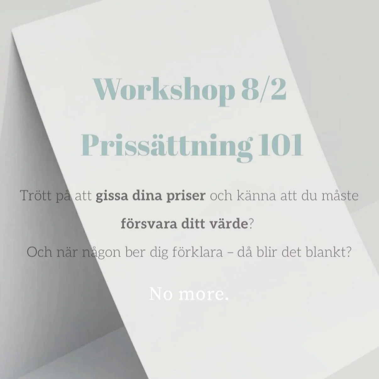&Auml;r 2026 &aring;ret du &auml;ntligen h&ouml;jer dina priser med fullst&auml;ndigt lugn? Tre bokningar med nya priser och workshopen betalar sig sj&auml;lv! 🙌🏼

Dags f&ouml;r Workshop: Priss&auml;ttning 101.

Du f&aring;r: 

- ett f&auml;rdigt m