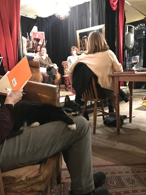 Maggie, the Tea House cat at home in, or should I say on, the audience