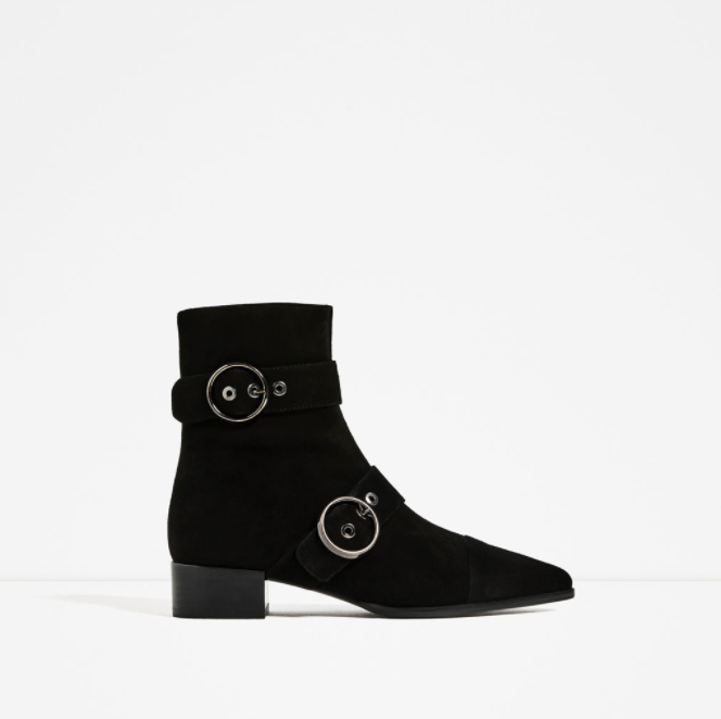 POINTED LEATHER BUCKLED ANKLE BOOTS