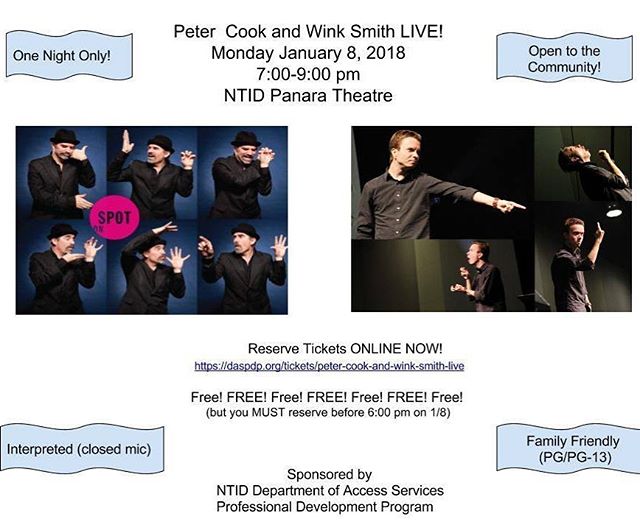 Peter Cook and I will be at NTID live! Tickets are FREE, but you must reserve your tickets at https://daspdp.org/tickets/peter-cook-and-wink-smith-live
