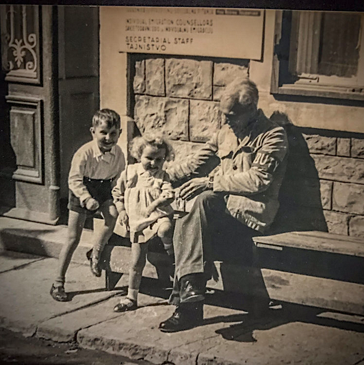 Alex and I with my beloved Dyadya Zhenya in Trieste. That day he was on duty at the guard station at San Sabba, the refugee camp we lived in.