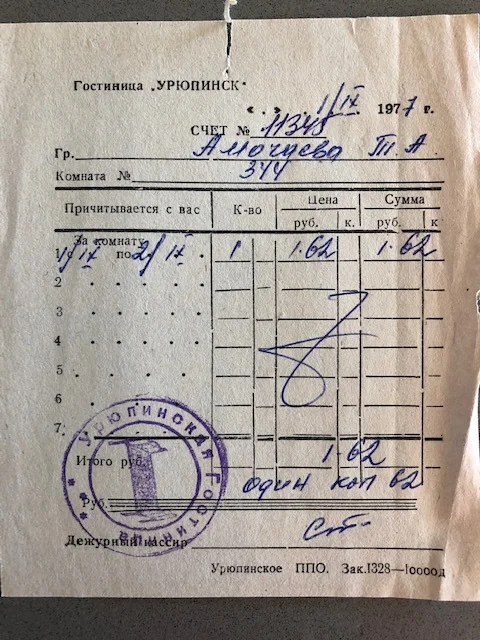 The charge for a night at the only hotel in Uryupinsk at the time. Because foreigners weren’t allowed, they only had one rate—1 ruble and 62 kopeks. Today the price at the same hotel has risen all the way to $16 a night. When my friend Artem stayed there recently, they had the same problem with power that I did 40 years ago.